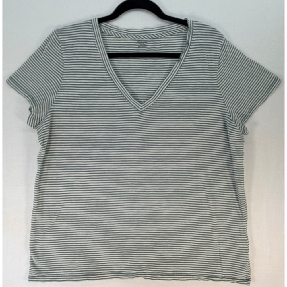 Madewell Womens Green White Striped V-Neck Cotton T-Shirt XL Short Sleeve Tee